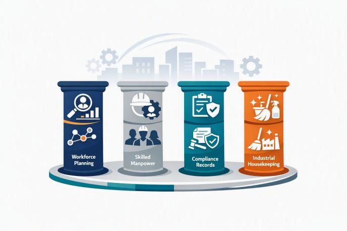 HMS four solution pillars: workforce planning, skilled manpower, compliance records, industrial housekeeping